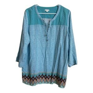 J Jill Peasant Blouse Women's Size Large Blue Pullover Boho Long Sleeve Rayon